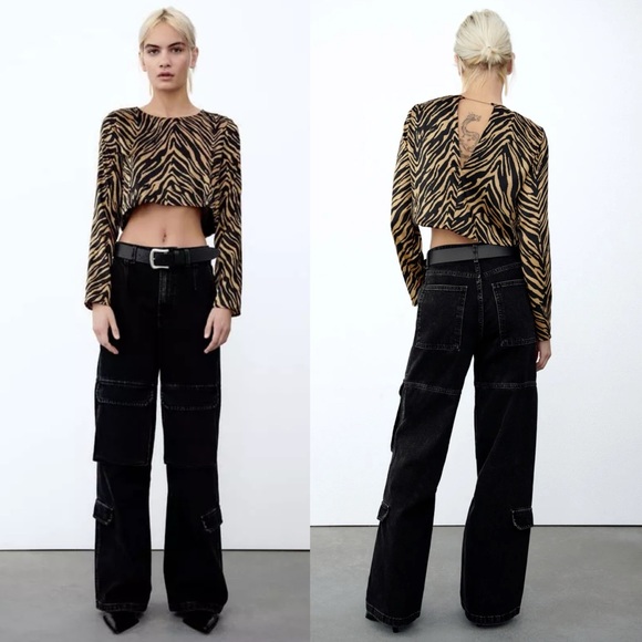 Zara Tops - Zara Satin Effect Animal Print Zebra Cropped Long Sleeve Blouse Small